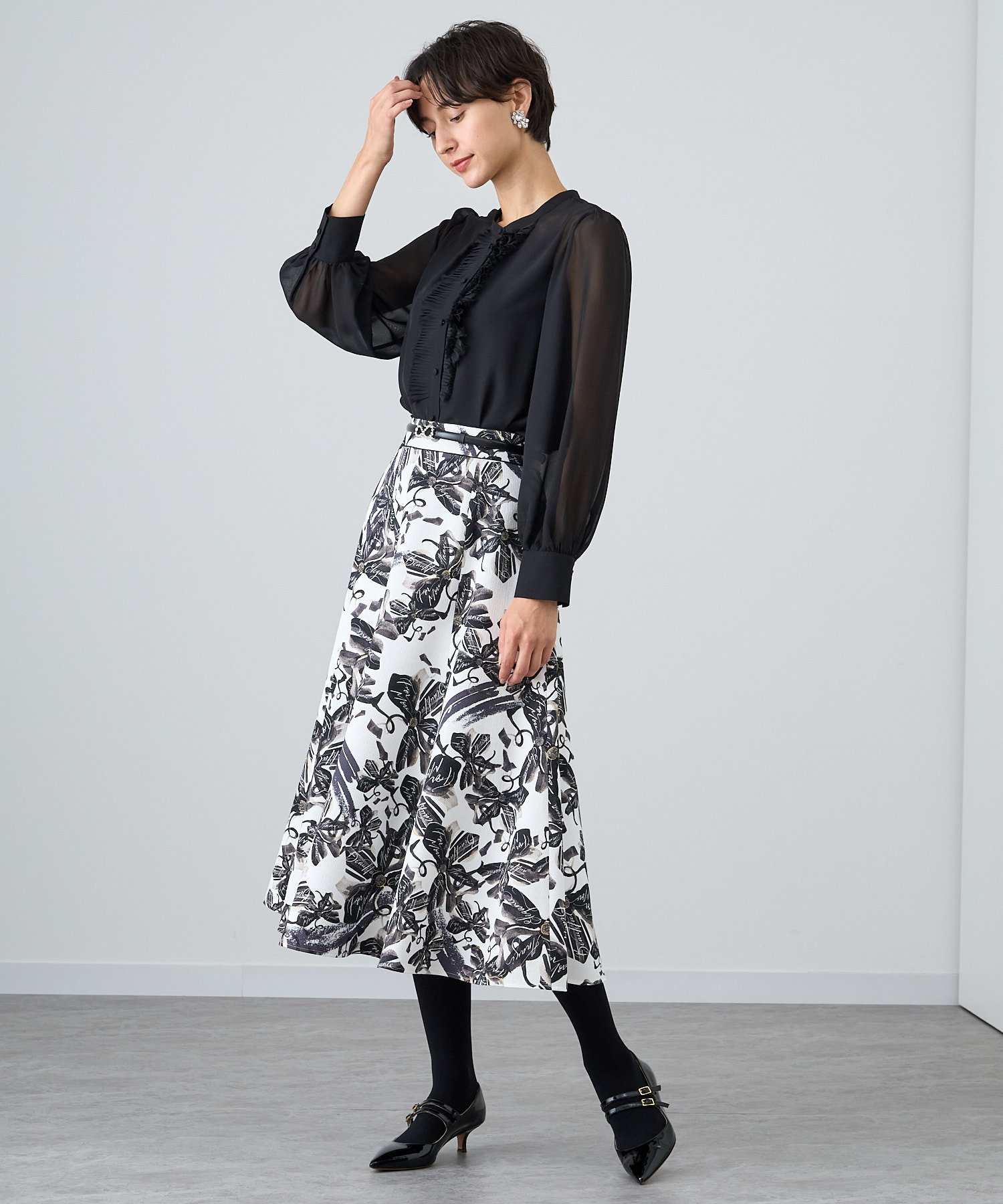 アナイ フレアスカート フラワープリント36 ANAYI・リネンライク