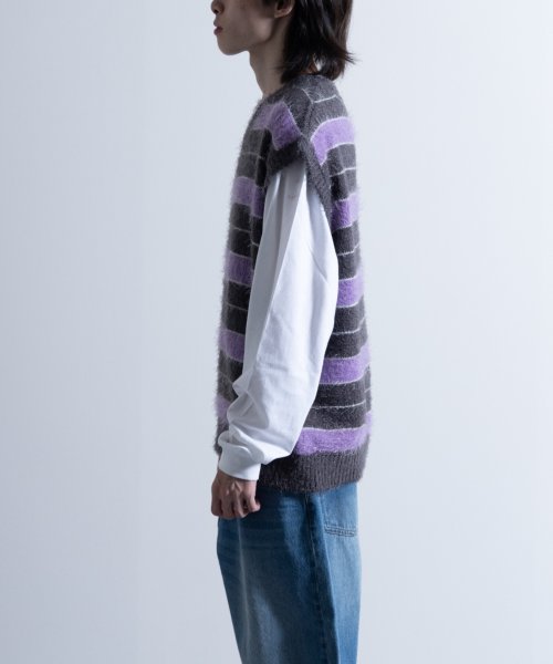 Nylaus select(ナイラスセレクト)/Shaggy Solid/Border Loose V－neck Knit Vest / シャギー 無地/ボーダー柄 ルーズ Vネック ニットベスト/img05