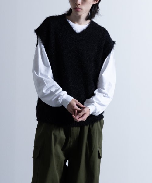 Nylaus select(ナイラスセレクト)/Shaggy Solid/Border Loose V－neck Knit Vest / シャギー 無地/ボーダー柄 ルーズ Vネック ニットベスト/img16