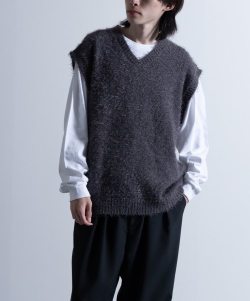 Nylaus select(ナイラスセレクト)/Shaggy Solid/Border Loose V－neck Knit Vest / シャギー 無地/ボーダー柄 ルーズ Vネック ニットベスト/img17