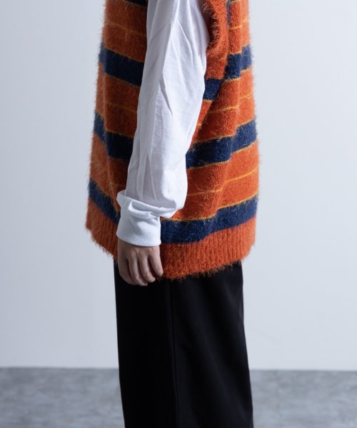 Nylaus select(ナイラスセレクト)/Shaggy Solid/Border Loose V－neck Knit Vest / シャギー 無地/ボーダー柄 ルーズ Vネック ニットベスト/img37