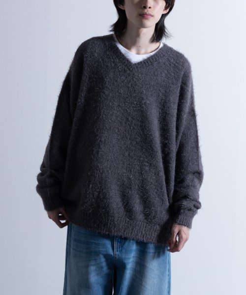 Nylaus(ナイラス)/Shaggy Solid/Border Loose V－neck Knit Sweater / シャギー 無地/ボーダー柄 ルーズ Vネック ニットセーター/img02