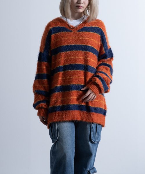 Nylaus(ナイラス)/Shaggy Solid/Border Loose V－neck Knit Sweater / シャギー 無地/ボーダー柄 ルーズ Vネック ニットセーター/img46