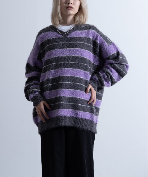 Nylaus(ナイラス)/Shaggy Solid/Border Loose V－neck Knit Sweater / シャギー 無地/ボーダー柄 ルーズ Vネック ニットセーター/img47