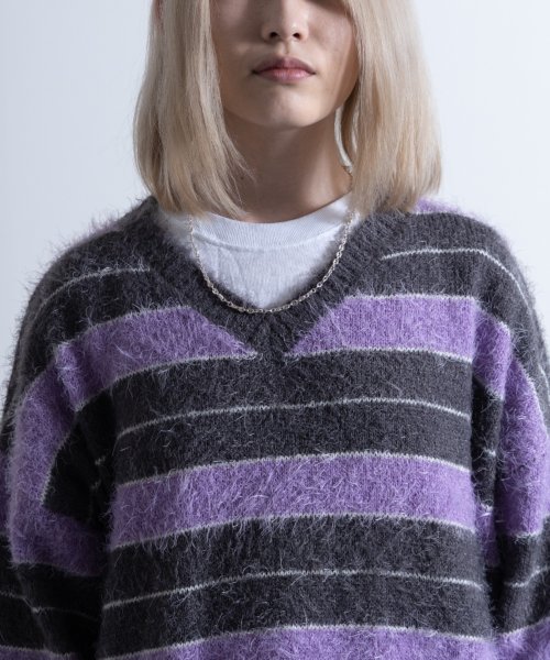 Nylaus(ナイラス)/Shaggy Solid/Border Loose V－neck Knit Sweater / シャギー 無地/ボーダー柄 ルーズ Vネック ニットセーター/img50