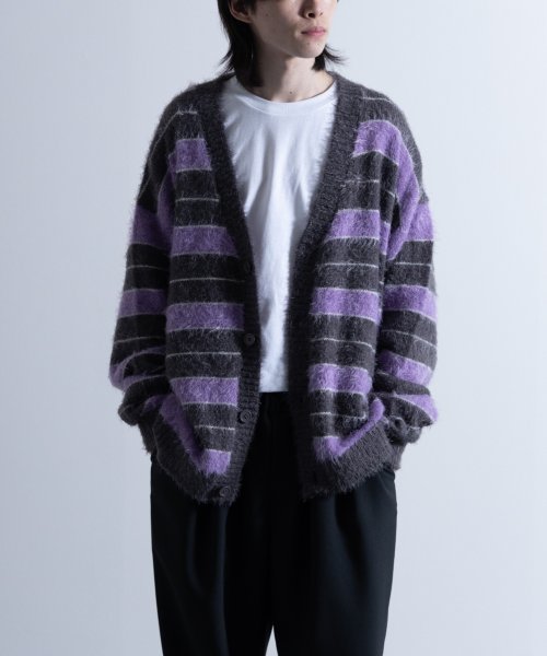 Nylaus(ナイラス)/Shaggy Solid/Border Loose V－neck Knit Cardigan / シャギー 無地/ボーダー柄 ルーズ Vネック ニットカーディガ/img03