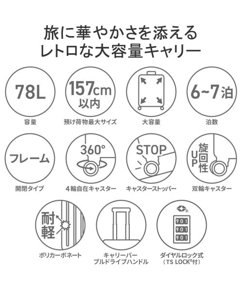 HaNT(ハント)/5年保証 ハント スーツケース キャリーバッグ 軽量 Lサイズ フレームタイプ 海外旅行 大型 可愛い TSAロック HaNT 78L 5?6泊 05193/img02