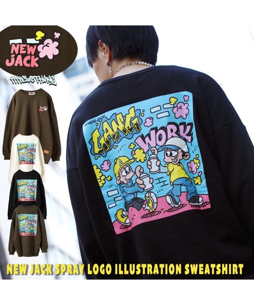 1111clothing(ワンフォークロージング)/◆NEW JACK スプレーロゴ イラスト トレーナー◆ スウェット メンズ  ビッグトレーナー レディース オーバーサイズ トップス 長袖 プルオーバー/img01