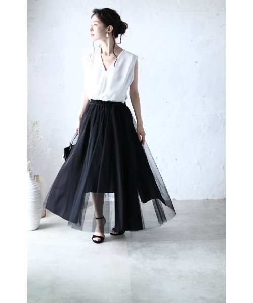 異素材合わせのミックスベールミディアムスカート FRENCH PAVE