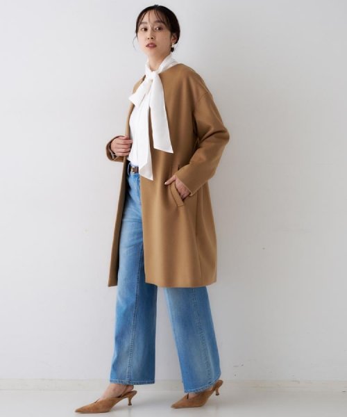 【日本製／通勤／フォーマル】カシミヤ混ノーカラーコート 