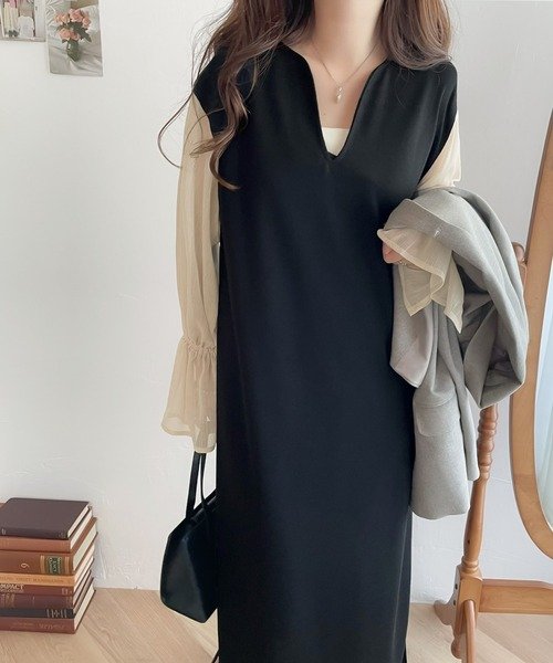 【mily bilet】今っぽお洒落が叶う。シアー袖切り替えキャンディースリーブVネックワンピ