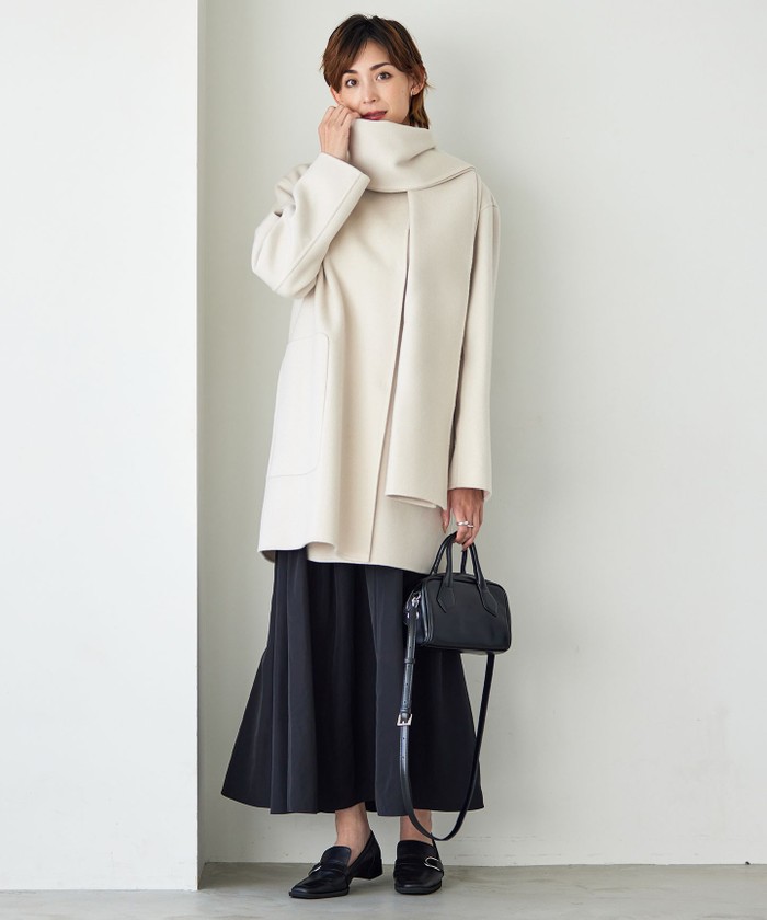 23AW 美品 ICB ウールリバーストール付きノーカラーコート ダブルフェイス ウールリバー ストール付きノーカラーコート(505725344)｜阪急百貨店