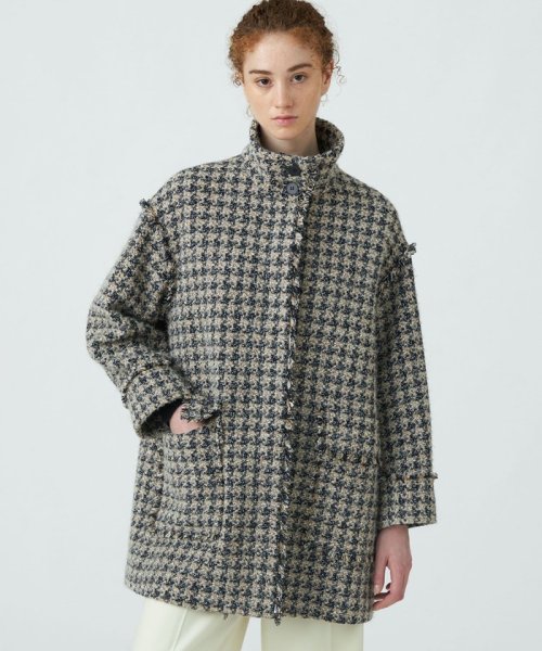 ミックスハウンドトゥースツイード スタンドカラーコート 