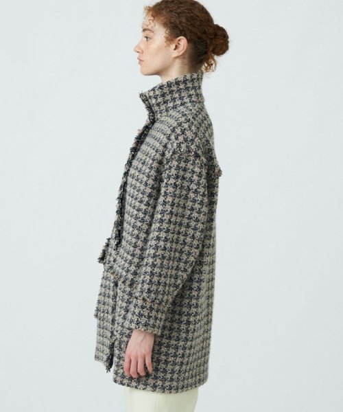 ミックスハウンドトゥースツイード スタンドカラーコート 