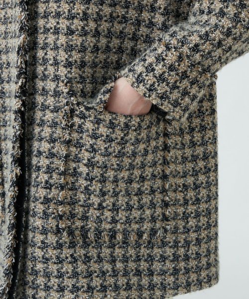 ミックスハウンドトゥースツイード スタンドカラーコート 