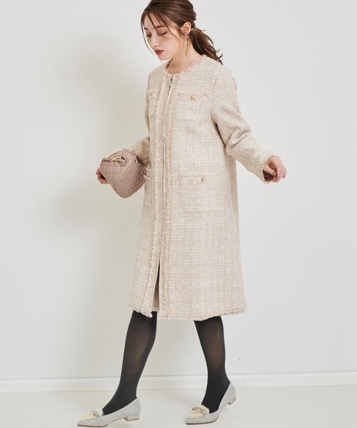 【尾州織】MIXツイードノーカラーコート 