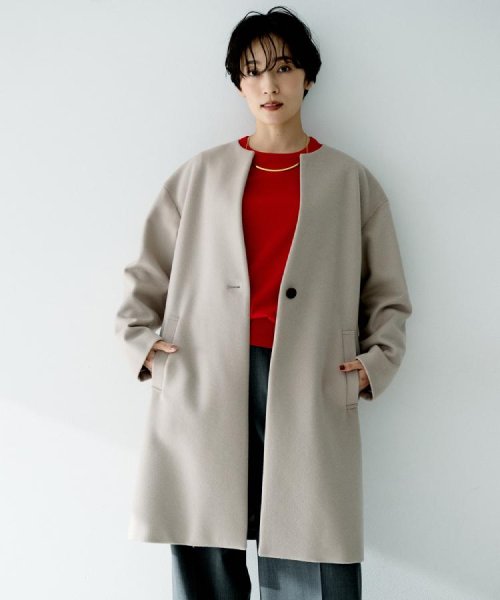 【日本製／通勤／フォーマル】カシミヤ混ノーカラーコート 