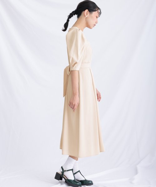 リボンベルトパフスリーブドレス 