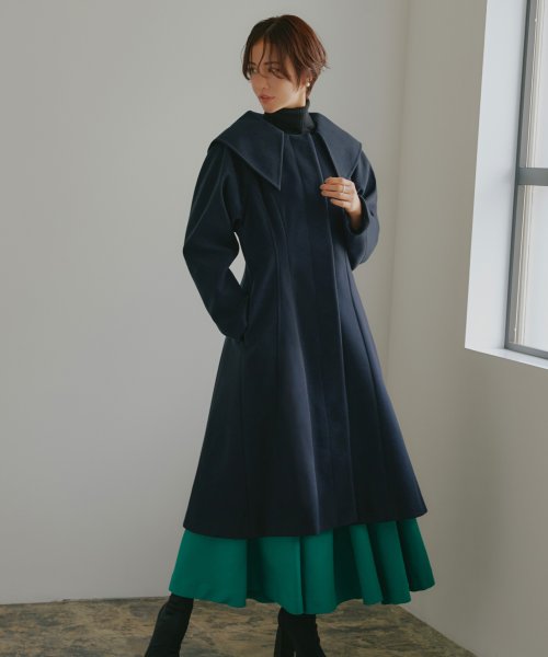 ウーリーストレッチ2wayバックタックロングノーカラーコート(K1267) K1267 ウーリーストレッチ2wayバックタックロングノーカラーコート ふくらみ感があり 保温効果も高めます ブラック