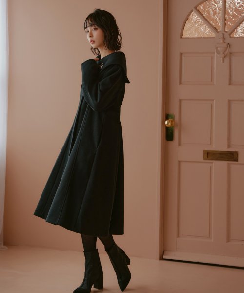 ウーリーストレッチ2wayバックタックロングノーカラーコート(K1267) K1267 ウーリーストレッチ2wayバックタックロングノーカラーコート ふくらみ感があり 保温効果も高めます ブラック