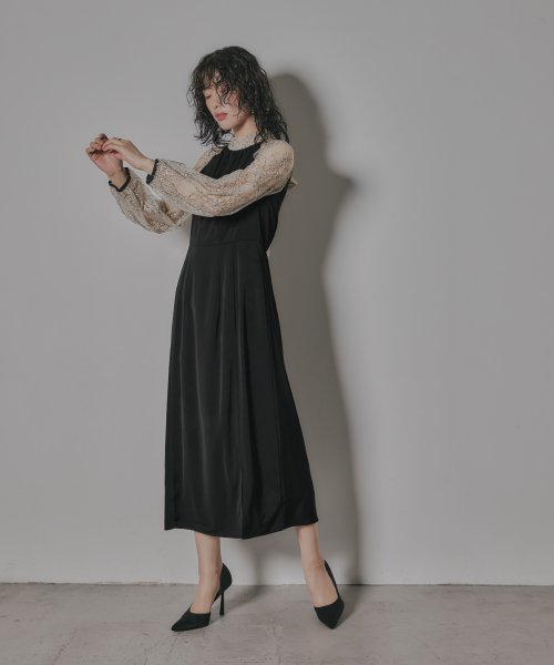 niana ニアナ 結婚式 ワンピース パーティードレス レース 切り替え ボウタイ リボン ボトルネック Iライン シンプル 無地 スリット ロング丈 ボリュ 5cm ニアナ