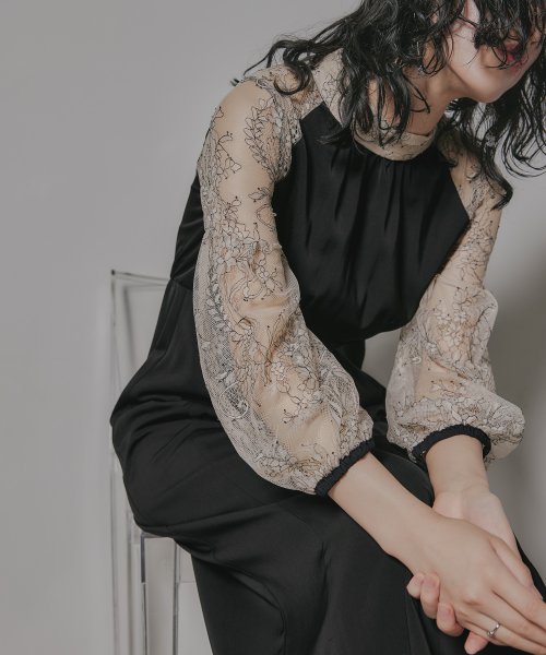 niana ニアナ 結婚式 ワンピース パーティードレス レース 切り替え ボウタイ リボン ボトルネック Iライン シンプル 無地 スリット ロング丈 ボリュ 5cm ニアナ