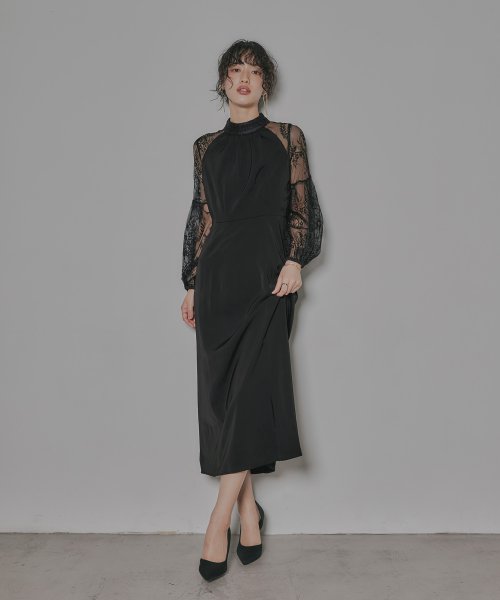 niana ニアナ 結婚式 ワンピース パーティードレス レース 切り替え ボウタイ リボン ボトルネック Iライン シンプル 無地 スリット ロング丈 ボリュ 5cm ニアナ