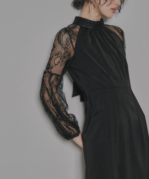 niana ニアナ 結婚式 ワンピース パーティードレス レース 切り替え ボウタイ リボン ボトルネック Iライン シンプル 無地 スリット ロング丈 ボリュ 5cm ニアナ