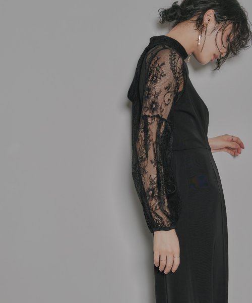 niana ニアナ 結婚式 ワンピース パーティードレス レース 切り替え ボウタイ リボン ボトルネック Iライン シンプル 無地 スリット ロング丈 ボリュ 5cm ニアナ