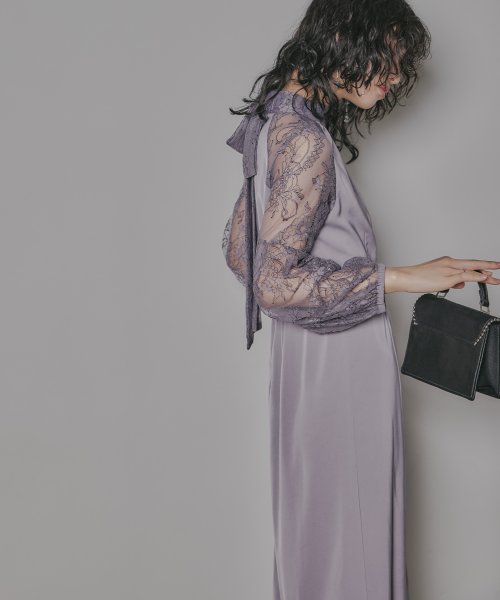 niana ニアナ 結婚式 ワンピース パーティードレス レース 切り替え ボウタイ リボン ボトルネック Iライン シンプル 無地 スリット ロング丈 ボリュ 5cm ニアナ