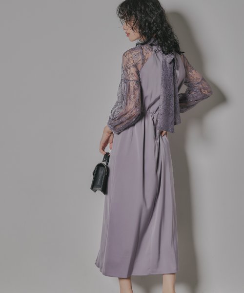 niana ニアナ 結婚式 ワンピース パーティードレス レース 切り替え ボウタイ リボン ボトルネック Iライン シンプル 無地 スリット ロング丈 ボリュ 5cm ニアナ