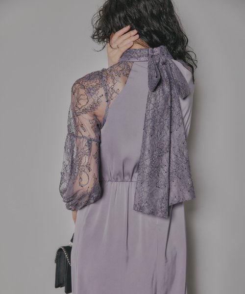 niana ニアナ 結婚式 ワンピース パーティードレス レース 切り替え ボウタイ リボン ボトルネック Iライン シンプル 無地 スリット ロング丈 ボリュ 5cm ニアナ