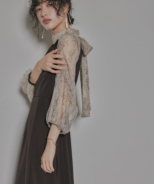 niana ニアナ 結婚式 ワンピース パーティードレス レース 切り替え ボウタイ リボン ボトルネック Iライン シンプル 無地 スリット ロング丈 ボリュ 5cm ニアナ