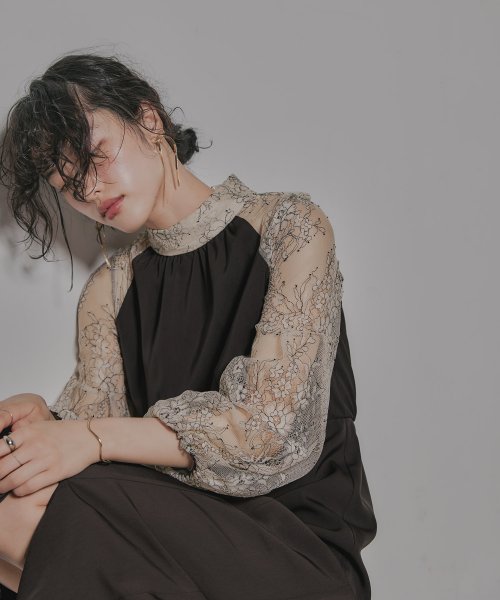 niana ニアナ 結婚式 ワンピース パーティードレス レース 切り替え ボウタイ リボン ボトルネック Iライン シンプル 無地 スリット ロング丈 ボリュ 5cm ニアナ