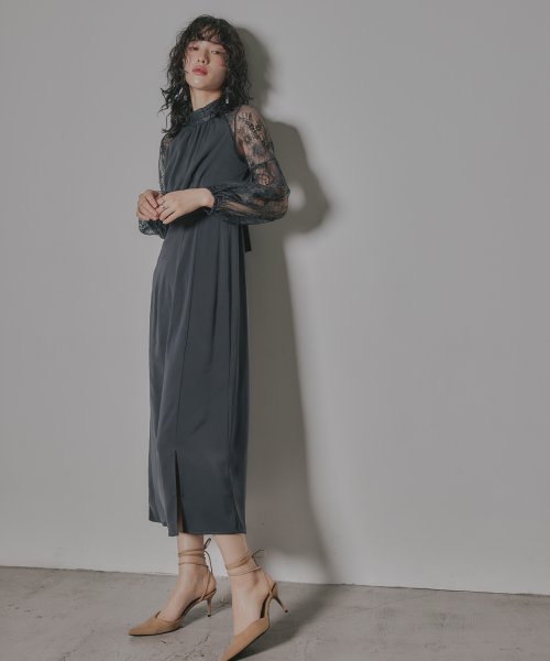 niana ニアナ 結婚式 ワンピース パーティードレス レース 切り替え ボウタイ リボン ボトルネック Iライン シンプル 無地 スリット ロング丈 ボリュ 5cm ニアナ