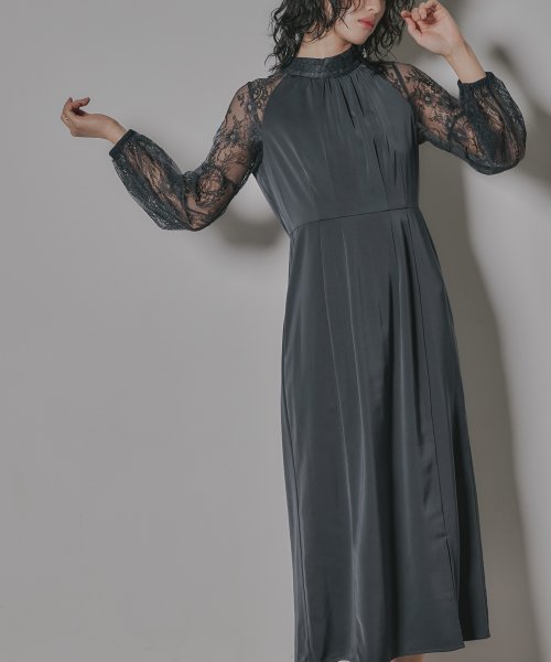 niana ニアナ 結婚式 ワンピース パーティードレス レース 切り替え ボウタイ リボン ボトルネック Iライン シンプル 無地 スリット ロング丈 ボリュ 5cm ニアナ