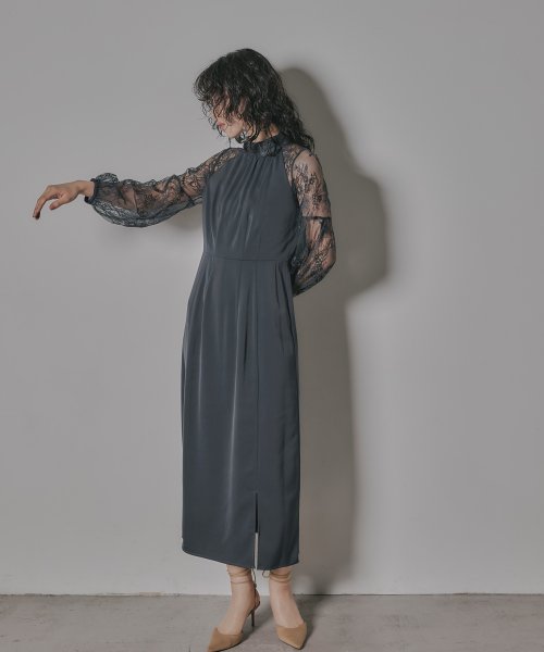 niana ニアナ 結婚式 ワンピース パーティードレス レース 切り替え ボウタイ リボン ボトルネック Iライン シンプル 無地 スリット ロング丈 ボリュ 5cm ニアナ