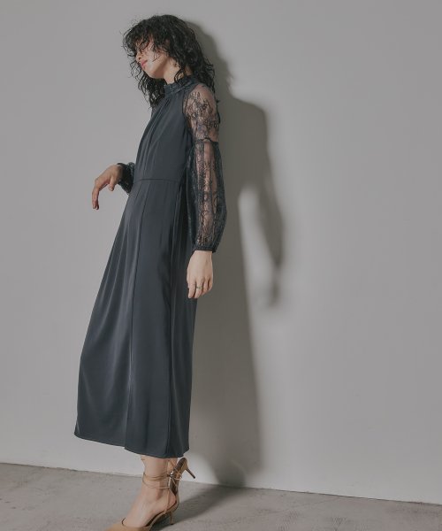 niana ニアナ 結婚式 ワンピース パーティードレス レース 切り替え ボウタイ リボン ボトルネック Iライン シンプル 無地 スリット ロング丈 ボリュ 5cm ニアナ