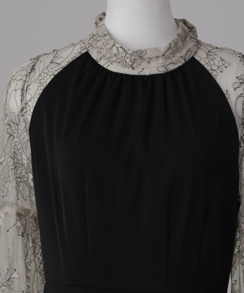 niana ニアナ 結婚式 ワンピース パーティードレス レース 切り替え ボウタイ リボン ボトルネック Iライン シンプル 無地 スリット ロング丈 ボリュ 5cm ニアナ