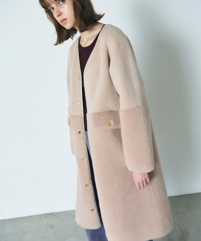 【ぼぶ】美品 リアルムートン　ノーカラーコート ノーカラーボアムートンコート(505749666)｜阪急百貨店公式通販サイト