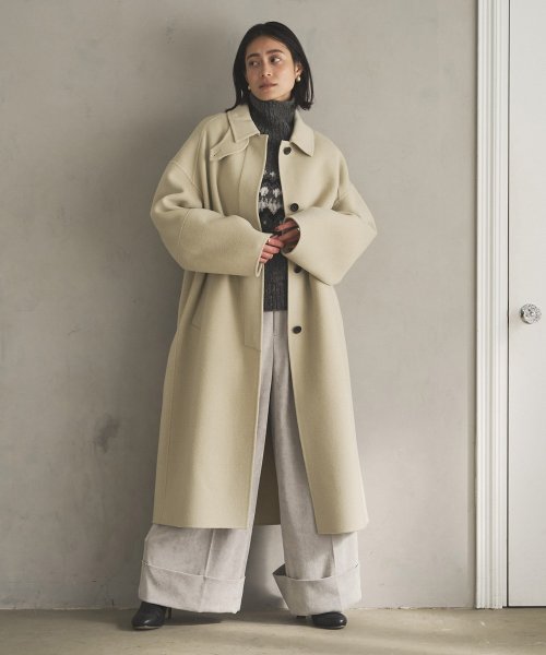 【Audrey and John Wad】ハンドメイドステンカラーロングコート H164 B79 W58 H82 5cm 着用サイズ：M　着用カラー：ベージュ系その他 H174 着用サイズ：M　着用カラー：ブラック