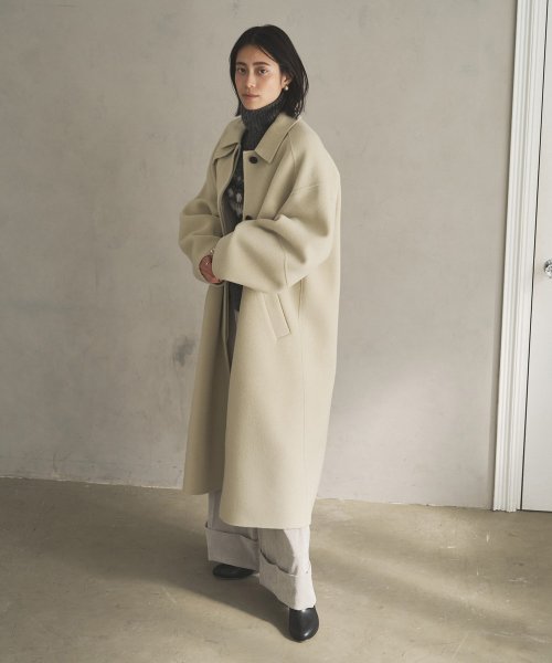 【Audrey and John Wad】ハンドメイドステンカラーロングコート H164 B79 W58 H82 5cm 着用サイズ：M　着用カラー：ベージュ系その他 H174 着用サイズ：M　着用カラー：ブラック