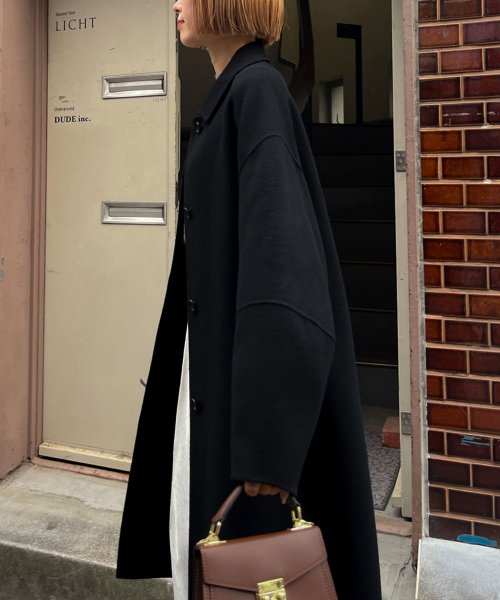 【Audrey and John Wad】ハンドメイドステンカラーロングコート H164 B79 W58 H82 5cm 着用サイズ：M　着用カラー：ベージュ系その他 H174 着用サイズ：M　着用カラー：ブラック