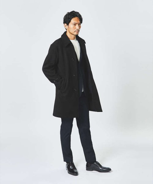 【ネオスエード】裏フリース ステンカラーコート / バルマカーンコート モデル：H180 B93 W76 H94 着用サイズ：48ブラック