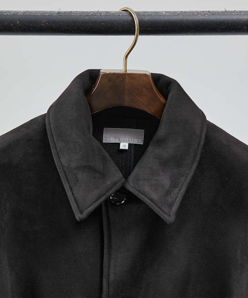 【ネオスエード】裏フリース ステンカラーコート / バルマカーンコート モデル：H180 B93 W76 H94 着用サイズ：48ブラック