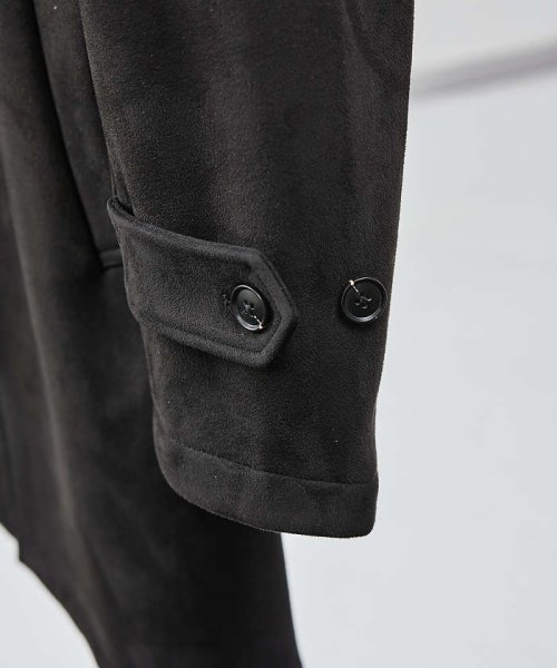 【ネオスエード】裏フリース ステンカラーコート / バルマカーンコート モデル：H180 B93 W76 H94 着用サイズ：48ブラック