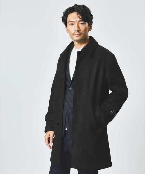 【ネオスエード】裏フリース ステンカラーコート / バルマカーンコート モデル：H180 B93 W76 H94 着用サイズ：48ブラック