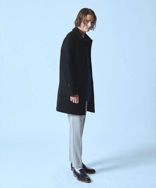 【ネオスエード】裏フリース ステンカラーコート / バルマカーンコート モデル：H180 B93 W76 H94 着用サイズ：48ブラック