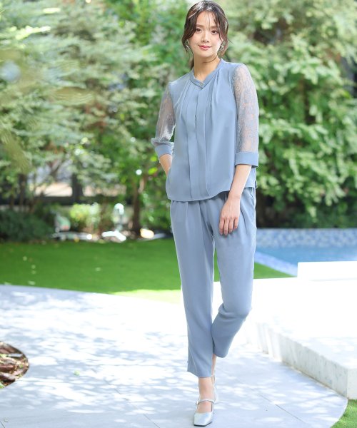 スリーブレース切り替えパンツドレス 二次会 食事会 セレモニー 発表会