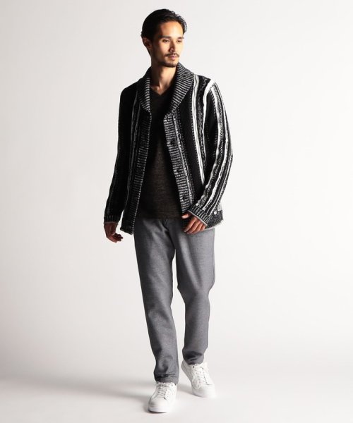 【RIELABO】3Dランダムストライプジャカード ショールカラーカーディガン 